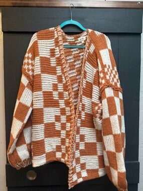 BiBi Rust and Cream Checkerboard Open Knit Cardigan